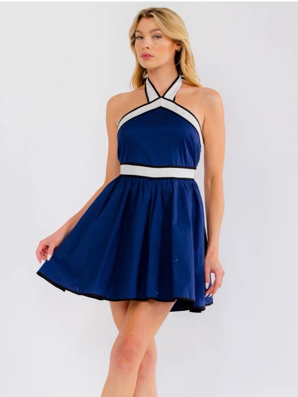Navy Halter Mini Dress with Contrast Trim